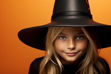 Captivating Halloween portrait of a girl in a witch's hat against a vibrant orange background.