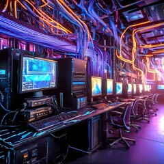 Cutting-edge Vision: Tech Guru in Futuristic Data Center Utilizing Laptop Amidst Warehouse, Streamlined Digitalization with Server-Based Information. SAAS, Cloud Computing, Web Service Empowered