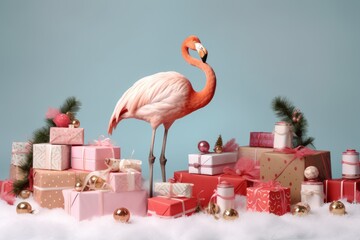elegant tropical flamingo with christmas gift boxes on white background