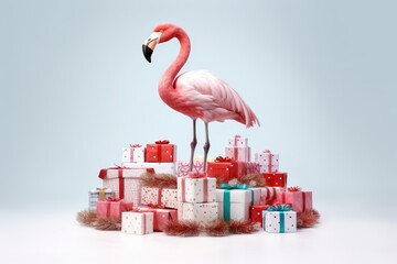elegant tropical flamingo with christmas gift boxes on white background - obrazy, fototapety, plakaty