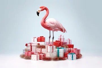 Fototapeten elegant tropical flamingo with christmas gift boxes on white background © gankevstock