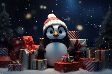 cute baby penguin with christmas gift boxes on blue blurred background