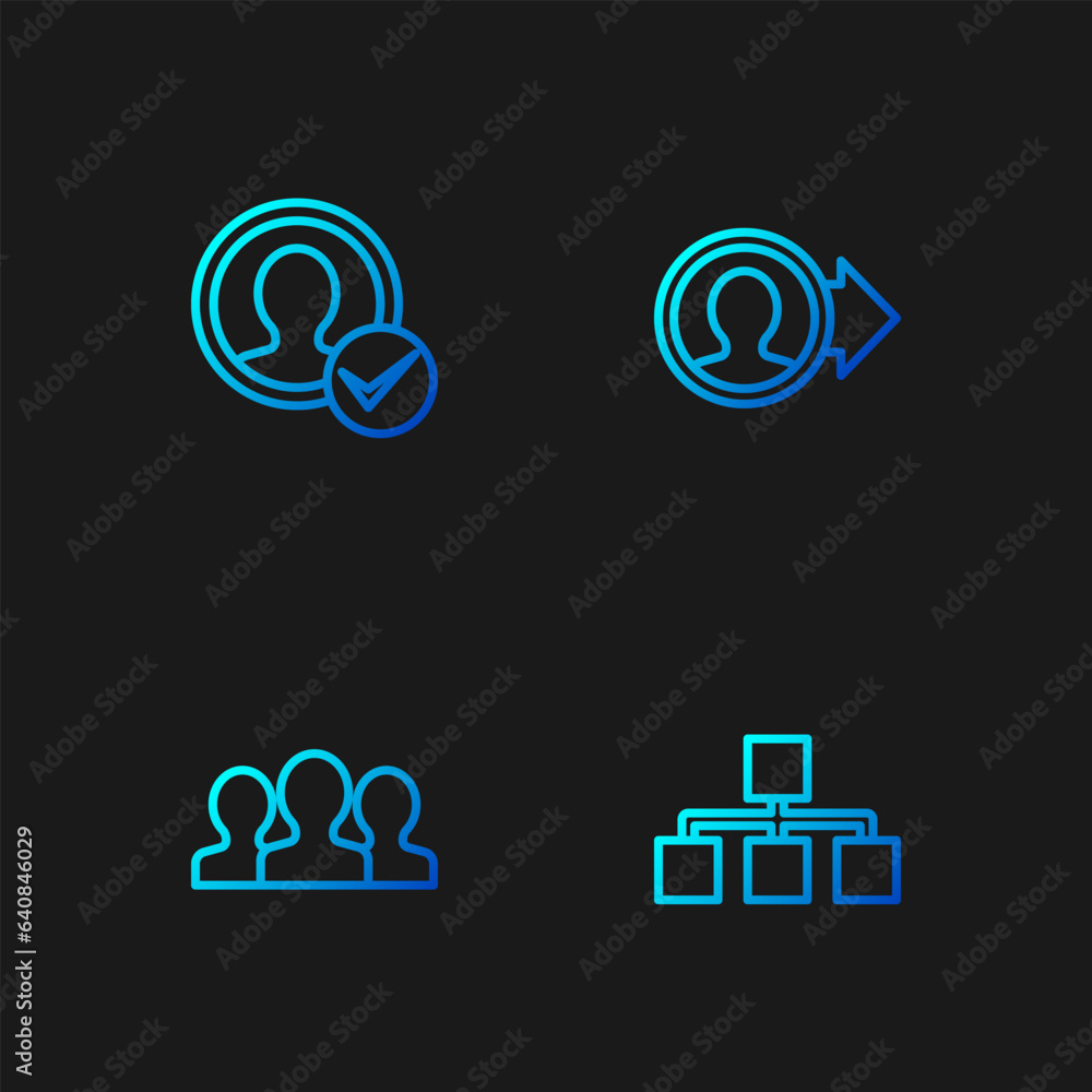 Poster set line hierarchy organogram chart, users group, create account screen and . gradient color icons. 