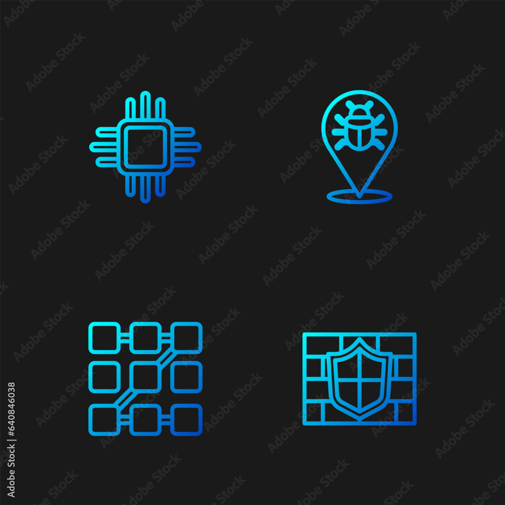 Poster set line shield with brick wall, graphic password protection, processor microcircuits cpu and system