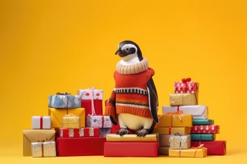 Fototapeta na wymiar cute baby penguin with christmas gift boxes on yellow background