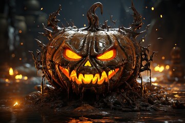 Concept image of a sinister Halloween pumpkin with glowing eyes and a smile on a dark background.