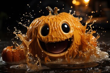 Fototapeta premium Concept image of a pumpkin with a splash of water.Bright background in Halloween style.