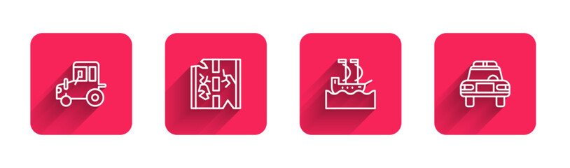 Set line Tractor, Broken road, Sailboat and Police car and flasher with long shadow. Red square button. Vector