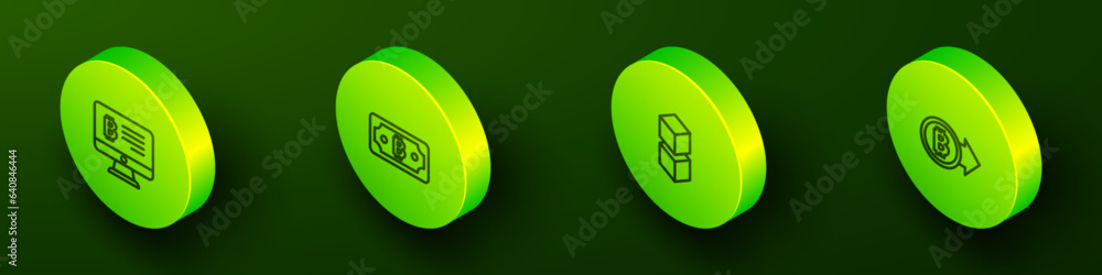Aufkleber set isometric line mining bitcoin from monitor, cryptocurrency, blockchain technology and bitcoin ic