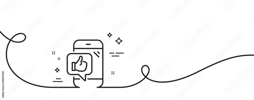 Poster mobile like line icon. continuous one line with curl. thumbs up sign. positive feedback symbol. mobi