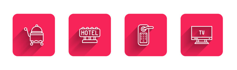 Set line Covered with tray, Signboard text Hotel, Digital door lock and Smart Tv with long shadow. Red square button. Vector