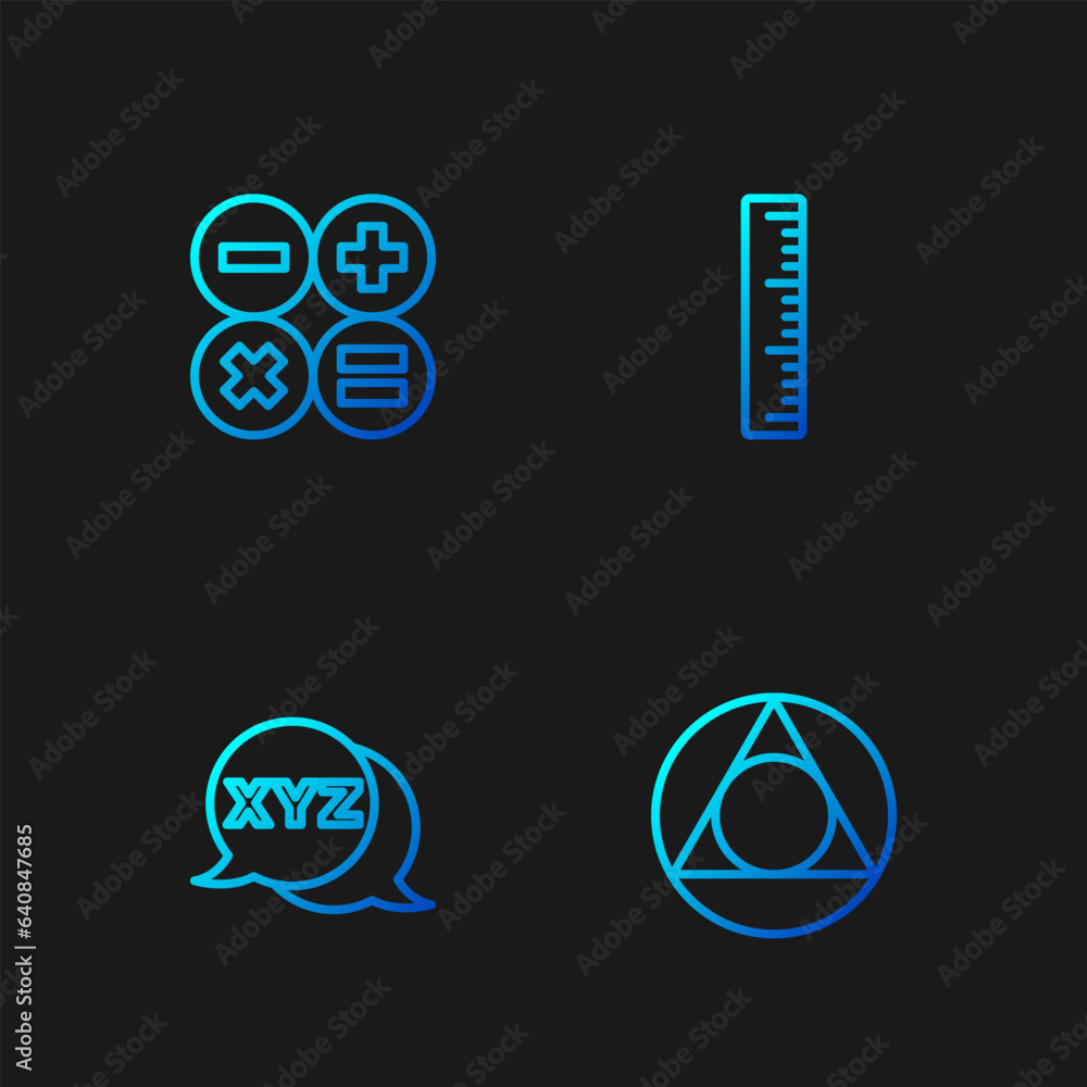 Poster set line triangle math, xyz coordinate system, calculator and ruler. gradient color icons. vector