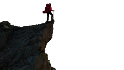 Adventure Woman Hiker on Mountain Top Peak. PNG Cutout for composite. 3d Rendering Cliff