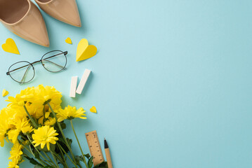 Express Teacher's Day with top view of yellow chrysanthemums, gift, chalk, glasses, hearts, heels, pencil, ruler, atop a soothing pastel base with space for greeting text or promo