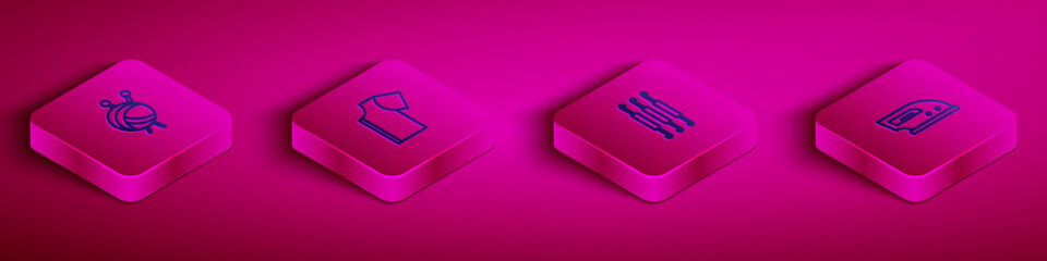 Set Isometric line Yarn ball with knitting needles, Sewing pattern, Crochet hook and Electric iron icon. Vector