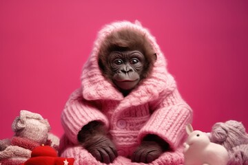 cute baby gorilla ape with christmas gift boxes on pink background