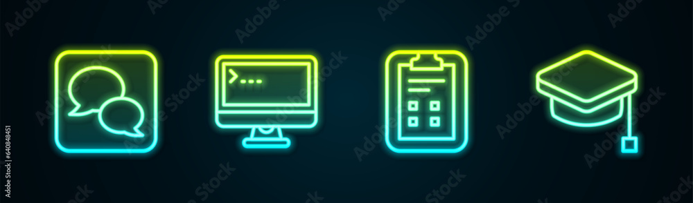 Poster set line speech bubble chat, computer monitor, exam sheet with check mark and graduation cap. glowin