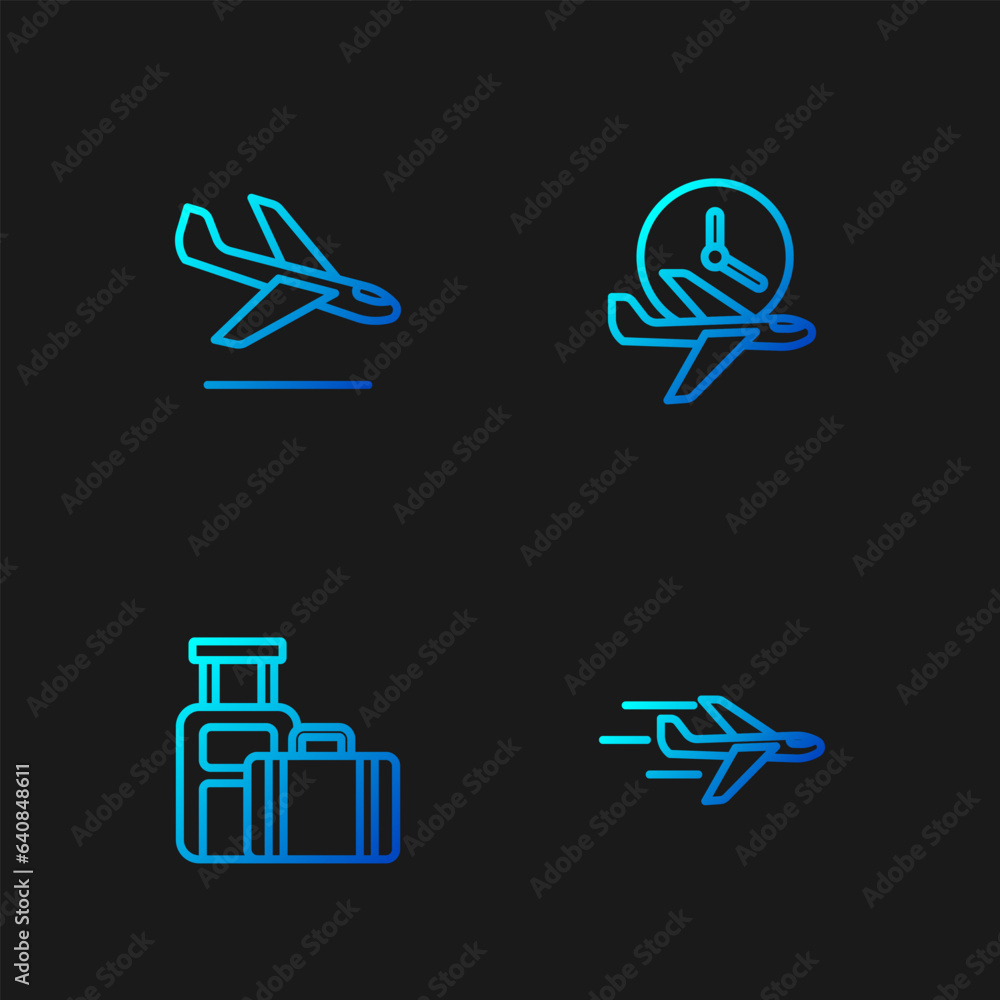Poster set line plane, suitcase, landing and flight time. gradient color icons. vector