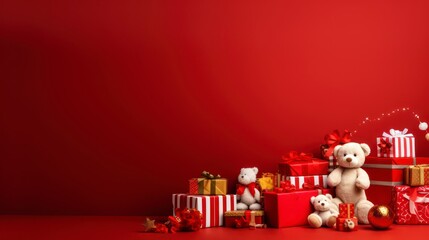 New Year's studio with a red background with all the toys, gifts and a Christmas tree, without people, space for text,
