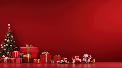 New Year's studio with a red background with all the toys, gifts and a Christmas tree, without people, space for text,