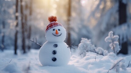 Fototapeta premium Snowman in a snowy forest, space for text