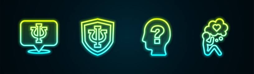 Set line Psychology, Psi, , Head with question mark and heart. Glowing neon icon. Vector