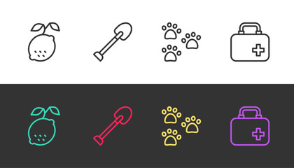 Set line Lemon, Shovel, Paw print and First aid kit on black and white. Vector