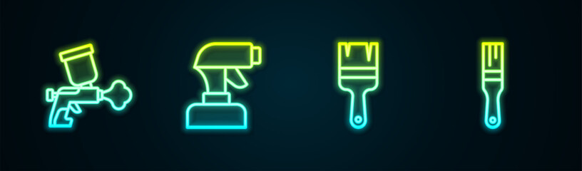 Set line Paint spray gun, brush and . Glowing neon icon. Vector