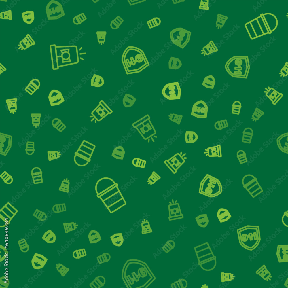 Poster set line flasher siren, fire bucket and emergency call 911 on seamless pattern. vector