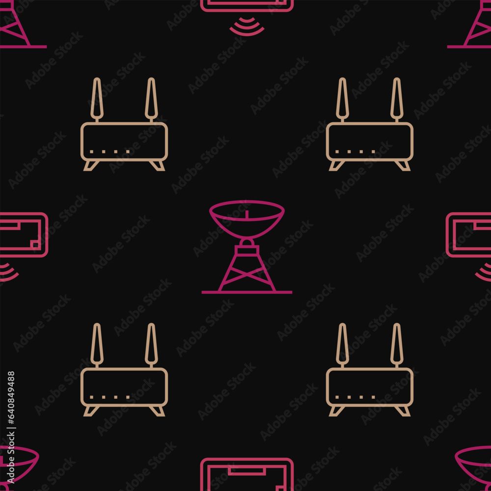 Poster set line computer keyboard, router and wi-fi signal and satellite dish on seamless pattern. vector