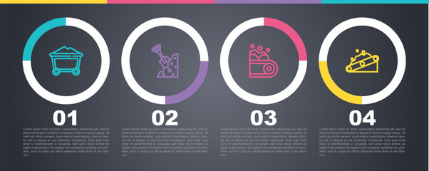 Set line Mine coal trolley, Shovel and stone, Conveyor belt carrying and . Business infographic template. Vector