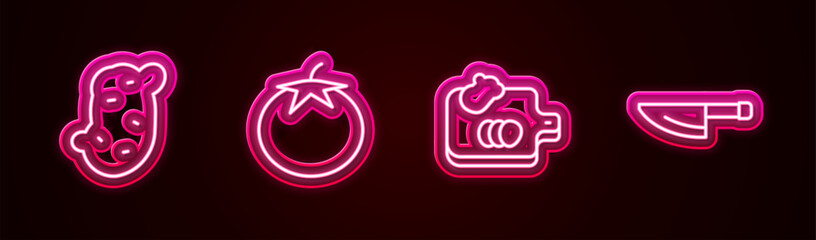 Set line Potato, Tomato, Cutting board with vegetables and Knife. Glowing neon icon. Vector