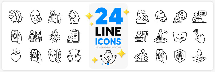 Icons set of Sick man, Fever and Online auction line icons pack for app with Heart flame, Yummy smile, Leadership thin outline icon. Checklist, Stress, Auction pictogram. Heart, Yoga. Vector