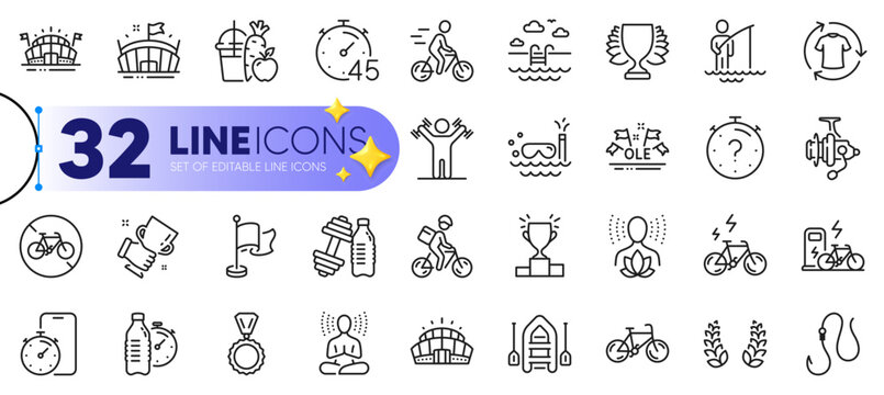 Outline set of Winner podium, Fishing reel and Winner cup line icons for web with Bicycle prohibited, Cyclist, Yoga balance thin icon. Hook, Timer, Delivery bike pictogram icon. Bicycle. Vector