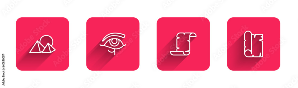 Aufkleber set line egypt pyramids, eye of horus, papyrus scroll and with long shadow. red square button. vecto