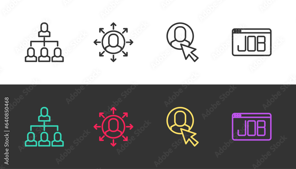 Poster set line employee hierarchy, multitasking manager working, worker and search job on black and white.
