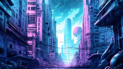 Futuristic city illustration with a night sky. landscape apocalyptic city wallpaper for phones, laptops, monitors, etc. Cyan, purple and orange color city painting
