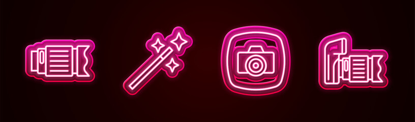 Set line Camera photo lens, Photo retouching, camera and . Glowing neon icon. Vector