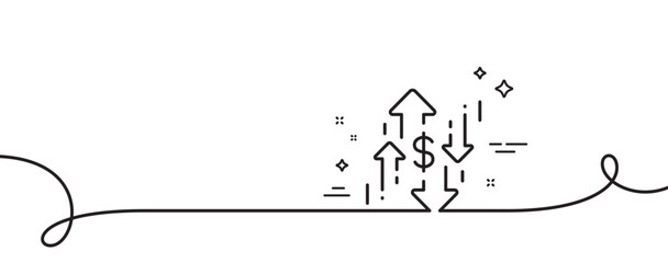 Dollar rates line icon. Continuous one line with curl. Currency exchange sign. Money trade symbol. Dollar rate single outline ribbon. Loop curve pattern. Vector