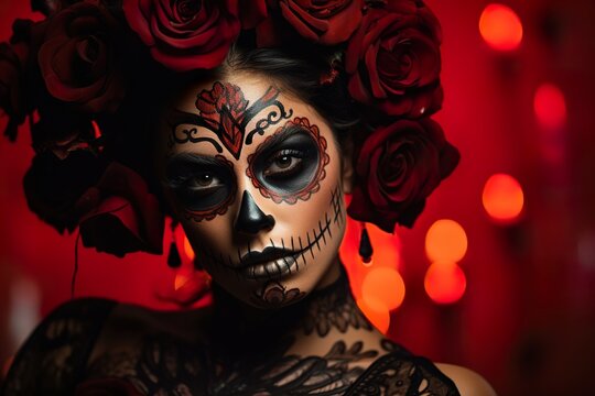 Closeup portrait of Calavera Catrina. Young woman with sugar skull makeup. Dia de Muertos