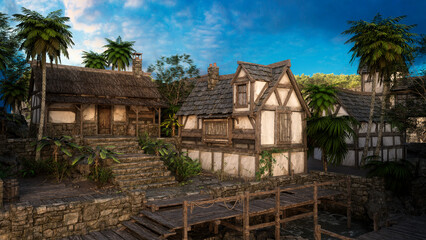 Fototapeta na wymiar Medieval houses in an old port town by the sea. 3D illustration.