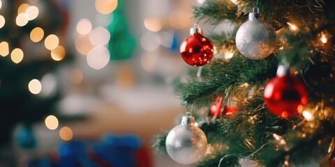 Merry Christmas and Happy New Year. Festive bright beautiful background. Decorated Christmas tree on blurred background. de-focused lights, gold bokeh