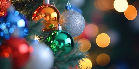 Merry Christmas and Happy New Year. Festive bright beautiful background. Decorated Christmas tree on blurred background. de-focused lights, gold bokeh