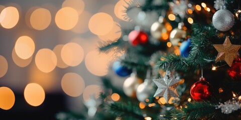 Merry Christmas and Happy New Year. Festive bright beautiful background. Decorated Christmas tree on blurred background. de-focused lights, gold bokeh
