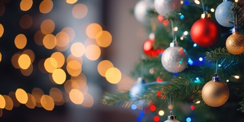 Fototapeta na wymiar Merry Christmas and Happy New Year. Festive bright beautiful background. Decorated Christmas tree on blurred background. de-focused lights, gold bokeh