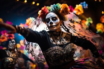 Dancers performing a traditional "Dia de Muertos" dance, their colorful costumes