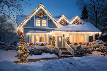 winter scene where houses are adorned with dazzling Christmas lights and decorations