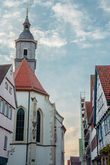 The Old Fachwerk houses in Germany. Scenic view of ancient medieval urban street architecture with half-timbered houses in the Old Town of Germany.