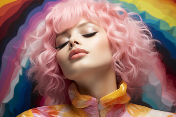 Fototapeta premium 60s fashion, bold pop art, photo shoot style, of beautiful albino asian women, closed eyes with bold 1960s funky big bold glasses, pastel color palette makeup, pastel background made with AI