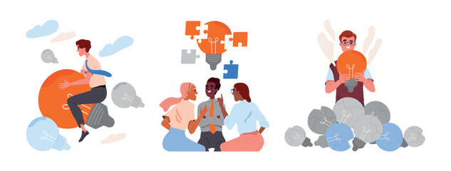 Employees develop business strategies set. Workteam work together and help complete puzzle in office. Motivation, engagement and joint success concept. Cartoon flat vector isolated on white background